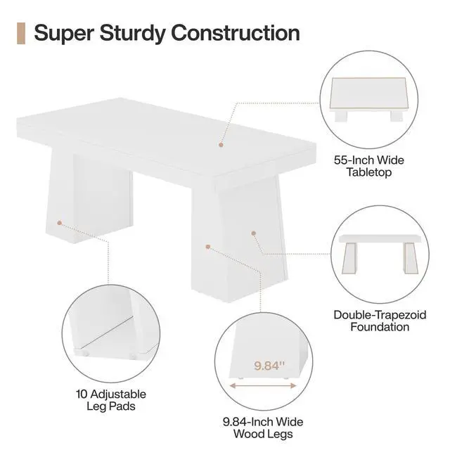 Alt view image 6 of 6 - 55" Executive Desk, Wooden Office Desk with Double Pedestal, Modern Simple Computer Writing Table for Home Office, White