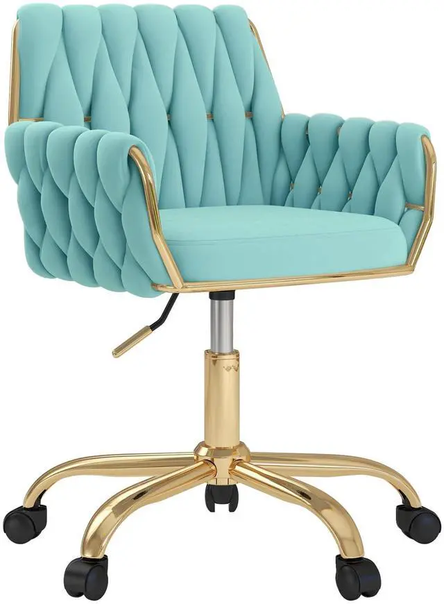 Main image of Teal Velvet Home Office Vanity Chair, Woven Backrest Makeup Desk Chair | Modern Adjustable Height 360° Swivel Chair with Golden Base for Bedroom/Study/Vanity