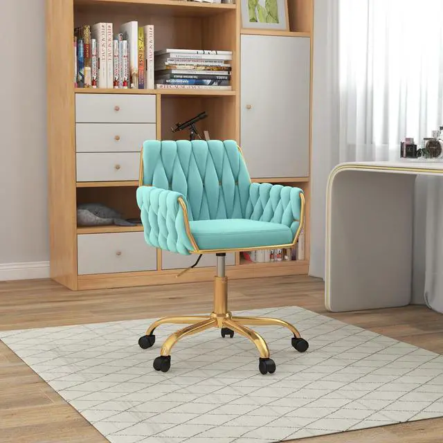 Alt view image 2 of 6 - Teal Velvet Home Office Vanity Chair, Woven Backrest Makeup Desk Chair | Modern Adjustable Height 360° Swivel Chair with Golden Base for Bedroom/Study/Vanity