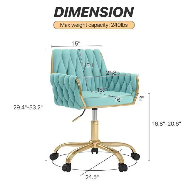 Alt view image 3 of 6 - Teal Velvet Home Office Vanity Chair, Woven Backrest Makeup Desk Chair | Modern Adjustable Height 360° Swivel Chair with Golden Base for Bedroom/Study/Vanity