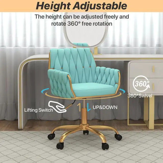 Alt view image 4 of 6 - Teal Velvet Home Office Vanity Chair, Woven Backrest Makeup Desk Chair | Modern Adjustable Height 360° Swivel Chair with Golden Base for Bedroom/Study/Vanity