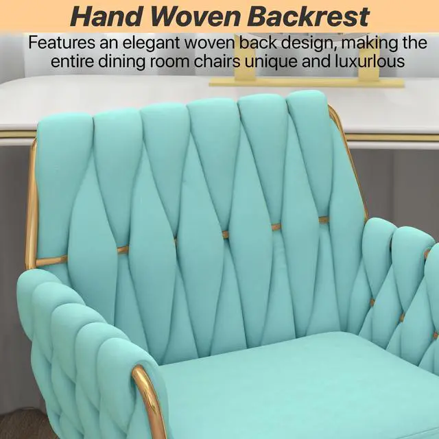 Alt view image 5 of 6 - Teal Velvet Home Office Vanity Chair, Woven Backrest Makeup Desk Chair | Modern Adjustable Height 360° Swivel Chair with Golden Base for Bedroom/Study/Vanity