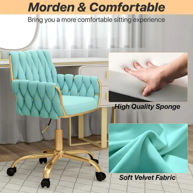 Alt view image 6 of 6 - Teal Velvet Home Office Vanity Chair, Woven Backrest Makeup Desk Chair | Modern Adjustable Height 360° Swivel Chair with Golden Base for Bedroom/Study/Vanity