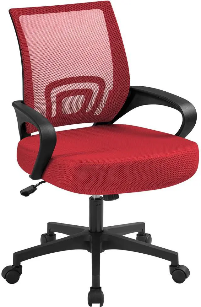 Main image of Mid Back Mesh Computer Office Desk Chair Adjustable Swivel, Red | Breathable mesh back and foam padded seat for comfortable work at home or office; steel frame holds 300 lb, easy assembly