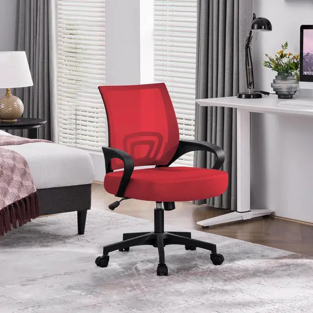 Alt view image 2 of 6 - Mid Back Mesh Computer Office Desk Chair Adjustable Swivel, Red | Breathable mesh back and foam padded seat for comfortable work at home or office; steel frame holds 300 lb, easy assembly