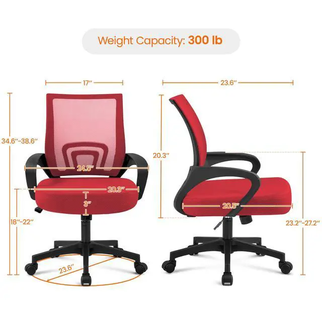 Alt view image 3 of 6 - Mid Back Mesh Computer Office Desk Chair Adjustable Swivel, Red | Breathable mesh back and foam padded seat for comfortable work at home or office; steel frame holds 300 lb, easy assembly
