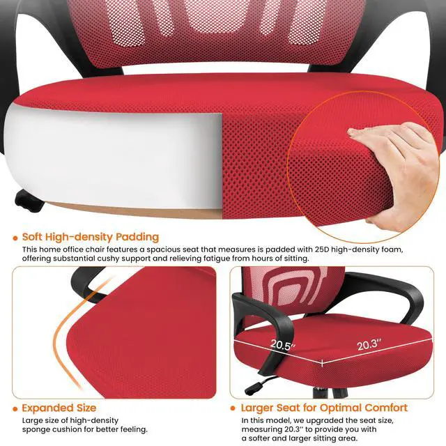 Alt view image 4 of 6 - Mid Back Mesh Computer Office Desk Chair Adjustable Swivel, Red | Breathable mesh back and foam padded seat for comfortable work at home or office; steel frame holds 300 lb, easy assembly