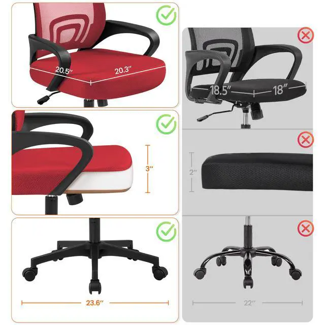 Alt view image 5 of 6 - Mid Back Mesh Computer Office Desk Chair Adjustable Swivel, Red | Breathable mesh back and foam padded seat for comfortable work at home or office; steel frame holds 300 lb, easy assembly