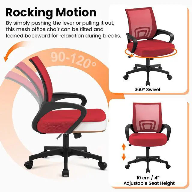 Alt view image 6 of 6 - Mid Back Mesh Computer Office Desk Chair Adjustable Swivel, Red | Breathable mesh back and foam padded seat for comfortable work at home or office; steel frame holds 300 lb, easy assembly