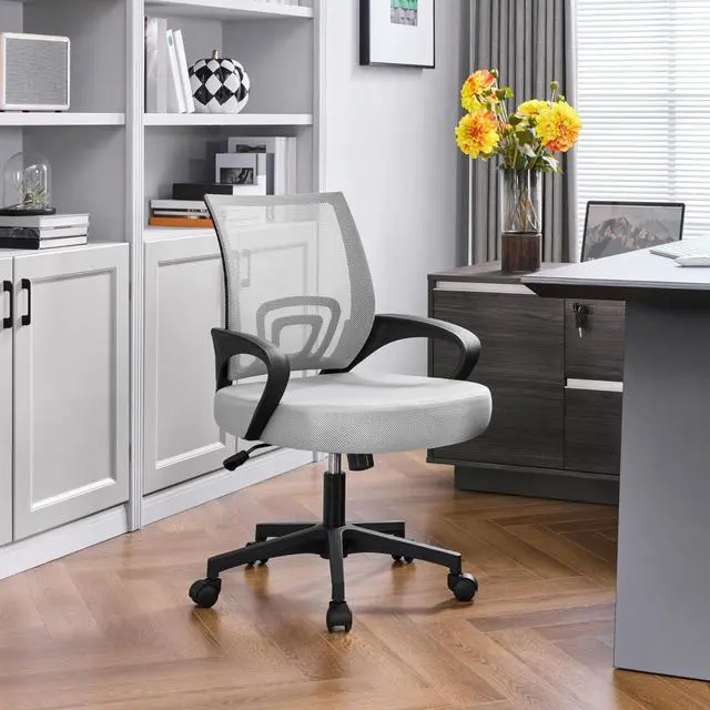 Alt view image 2 of 6 - Mid Back Mesh Computer Office Desk Chair Adjustable Swivel, Grey | Breathable mesh back and foam padded seat for comfortable work at home or office; steel frame holds 300 lb, easy assembly