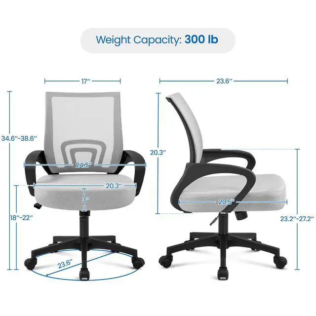 Alt view image 3 of 6 - Mid Back Mesh Computer Office Desk Chair Adjustable Swivel, Grey | Breathable mesh back and foam padded seat for comfortable work at home or office; steel frame holds 300 lb, easy assembly