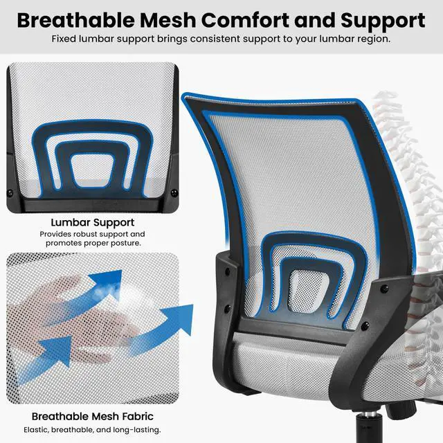 Alt view image 4 of 6 - Mid Back Mesh Computer Office Desk Chair Adjustable Swivel, Grey | Breathable mesh back and foam padded seat for comfortable work at home or office; steel frame holds 300 lb, easy assembly