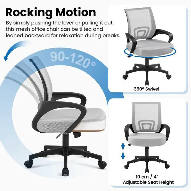 Alt view image 6 of 6 - Mid Back Mesh Computer Office Desk Chair Adjustable Swivel, Grey | Breathable mesh back and foam padded seat for comfortable work at home or office; steel frame holds 300 lb, easy assembly
