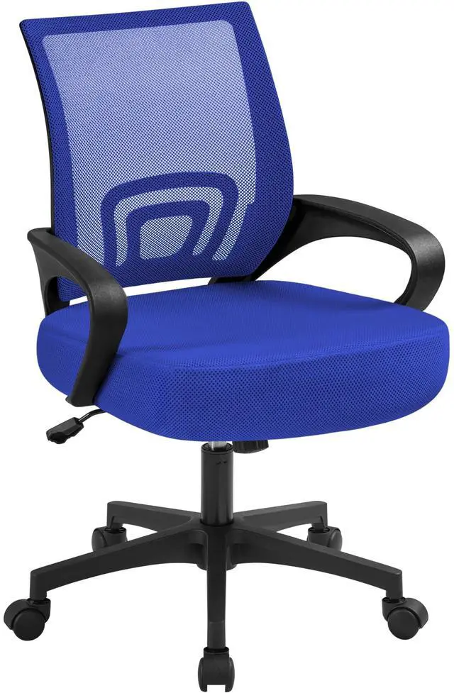 Main image of Mid Back Mesh Computer Office Desk Chair Adjustable Swivel, Blue | Breathable mesh back and foam padded seat for comfortable work at home or office; steel frame holds 300 lb, easy assembly