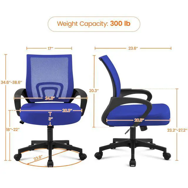 Alt view image 3 of 6 - Mid Back Mesh Computer Office Desk Chair Adjustable Swivel, Blue | Breathable mesh back and foam padded seat for comfortable work at home or office; steel frame holds 300 lb, easy assembly
