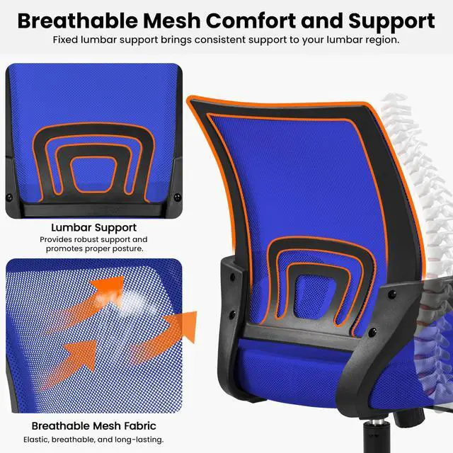 Alt view image 4 of 6 - Mid Back Mesh Computer Office Desk Chair Adjustable Swivel, Blue | Breathable mesh back and foam padded seat for comfortable work at home or office; steel frame holds 300 lb, easy assembly