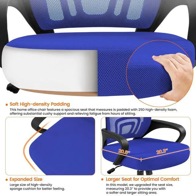 Alt view image 5 of 6 - Mid Back Mesh Computer Office Desk Chair Adjustable Swivel, Blue | Breathable mesh back and foam padded seat for comfortable work at home or office; steel frame holds 300 lb, easy assembly