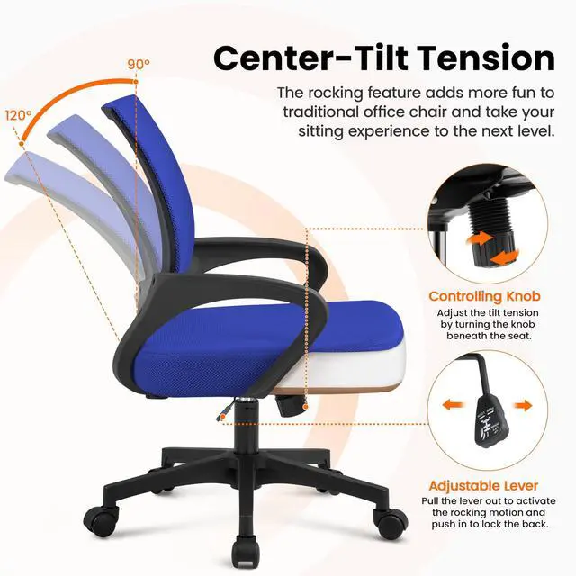 Alt view image 6 of 6 - Mid Back Mesh Computer Office Desk Chair Adjustable Swivel, Blue | Breathable mesh back and foam padded seat for comfortable work at home or office; steel frame holds 300 lb, easy assembly