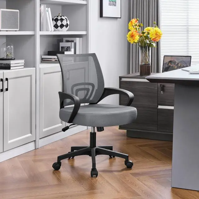 Alt view image 2 of 6 - Mid Back Mesh Computer Office Desk Chair Adjustable Swivel, Dark Grey