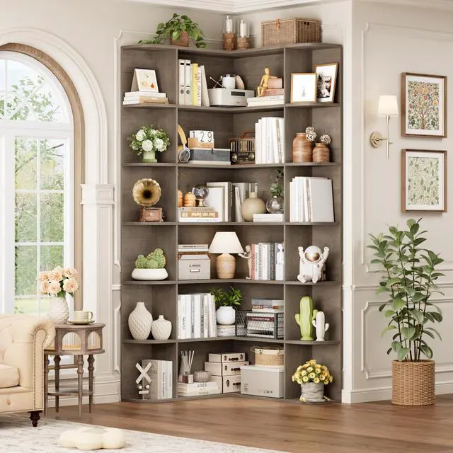Main image of 72" Tall Corner Bookshelf, 6-Tier Bookshelf and Bookcase with Open Storage, Tall Bookcases Wooden Storage Shelves for Home Office, Thickened Boards for Better Load Bearing, Vintage Grey