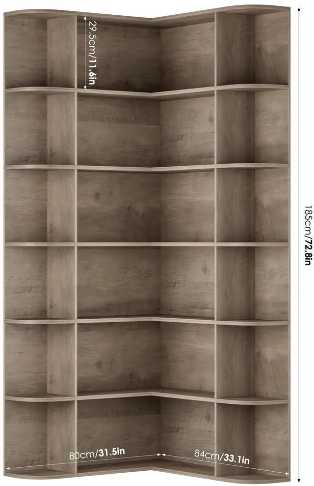 Alt view image 2 of 6 - 72" Tall Corner Bookshelf, 6-Tier Bookshelf and Bookcase with Open Storage, Tall Bookcases Wooden Storage Shelves for Home Office, Thickened Boards for Better Load Bearing, Vintage Grey