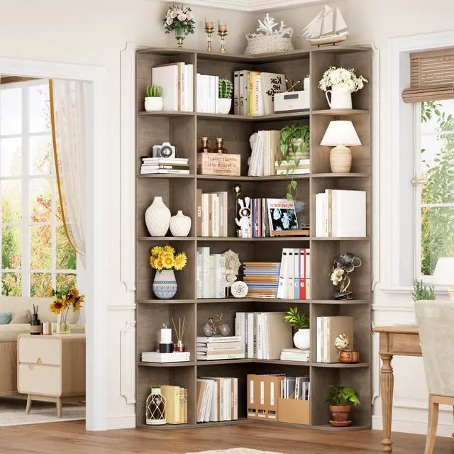 Alt view image 3 of 6 - 72" Tall Corner Bookshelf, 6-Tier Bookshelf and Bookcase with Open Storage, Tall Bookcases Wooden Storage Shelves for Home Office, Thickened Boards for Better Load Bearing, Vintage Grey