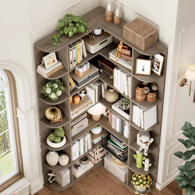 Alt view image 4 of 6 - 72" Tall Corner Bookshelf, 6-Tier Bookshelf and Bookcase with Open Storage, Tall Bookcases Wooden Storage Shelves for Home Office, Thickened Boards for Better Load Bearing, Vintage Grey