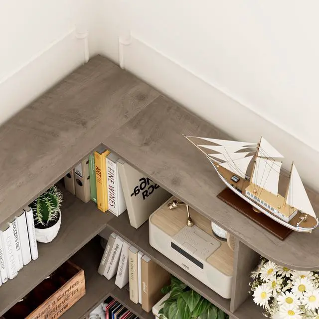 Alt view image 5 of 6 - 72" Tall Corner Bookshelf, 6-Tier Bookshelf and Bookcase with Open Storage, Tall Bookcases Wooden Storage Shelves for Home Office, Thickened Boards for Better Load Bearing, Vintage Grey