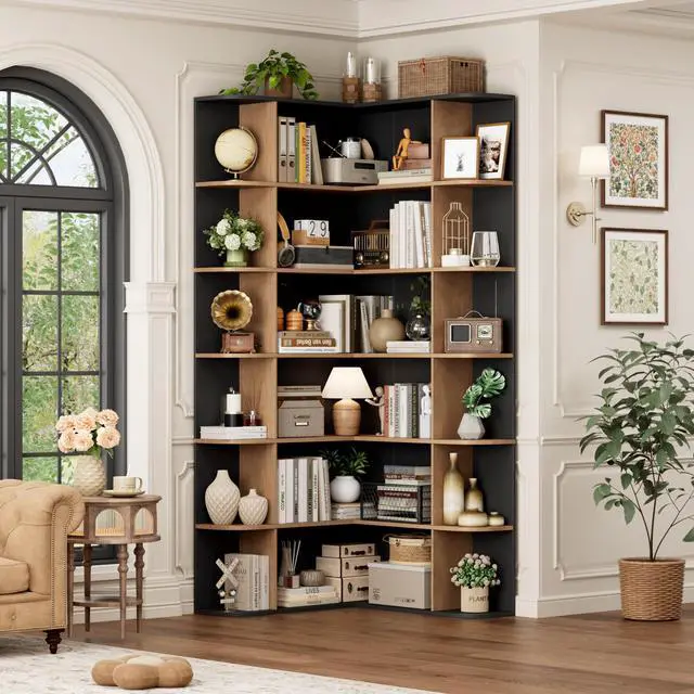 Main image of 72 Tall Corner Bookshelf, 6-Tier Bookshelf and Bookcase with Open Storage, Tall Bookcases Wooden Storage Shelves for Home Office, Thickened Boards for Better Load Bearing, Black/Brown