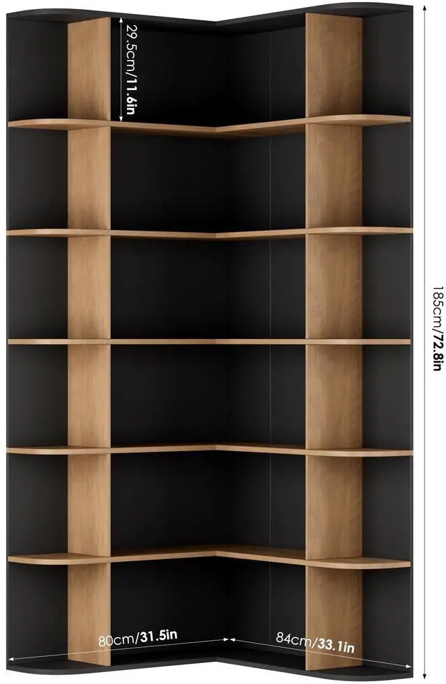 Alt view image 2 of 6 - 72 Tall Corner Bookshelf, 6-Tier Bookshelf and Bookcase with Open Storage, Tall Bookcases Wooden Storage Shelves for Home Office, Thickened Boards for Better Load Bearing, Black/Brown