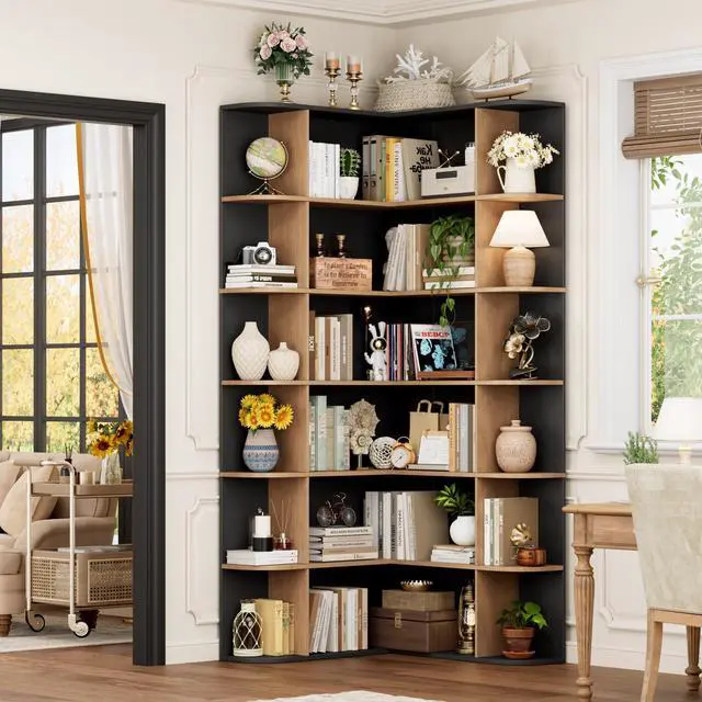 Alt view image 3 of 6 - 72 Tall Corner Bookshelf, 6-Tier Bookshelf and Bookcase with Open Storage, Tall Bookcases Wooden Storage Shelves for Home Office, Thickened Boards for Better Load Bearing, Black/Brown