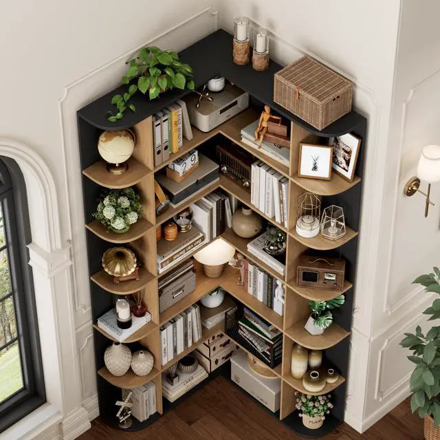Alt view image 4 of 6 - 72 Tall Corner Bookshelf, 6-Tier Bookshelf and Bookcase with Open Storage, Tall Bookcases Wooden Storage Shelves for Home Office, Thickened Boards for Better Load Bearing, Black/Brown