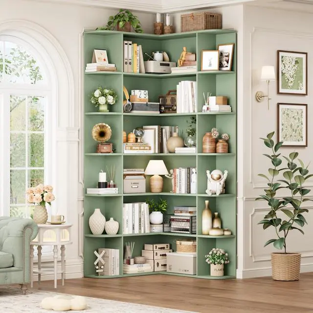 Main image of 72 Tall Corner Bookshelf, 6-Tier Bookshelf and Bookcase with Open Storage, Tall Bookcases Wooden Storage Shelves for Home Office, Thickened Boards for Better Load Bearing, Green