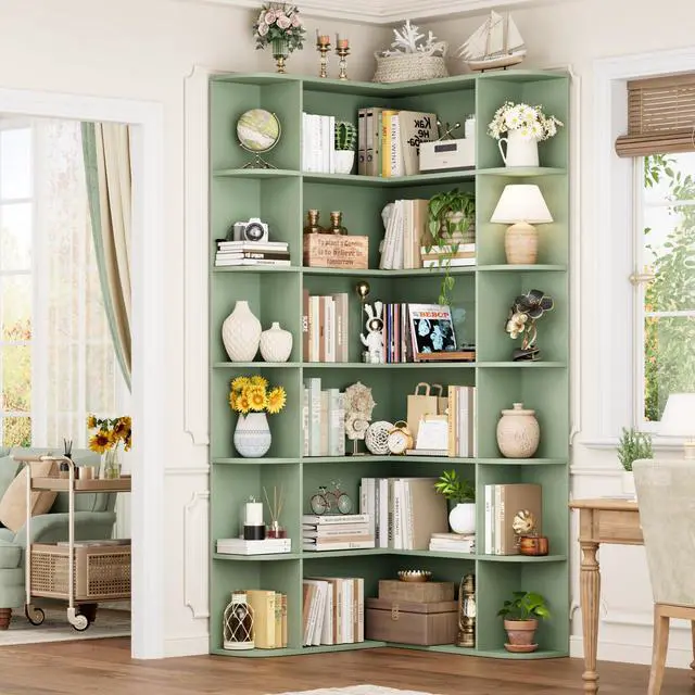 Alt view image 3 of 6 - 72 Tall Corner Bookshelf, 6-Tier Bookshelf and Bookcase with Open Storage, Tall Bookcases Wooden Storage Shelves for Home Office, Thickened Boards for Better Load Bearing, Green