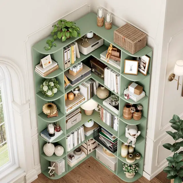 Alt view image 4 of 6 - 72 Tall Corner Bookshelf, 6-Tier Bookshelf and Bookcase with Open Storage, Tall Bookcases Wooden Storage Shelves for Home Office, Thickened Boards for Better Load Bearing, Green