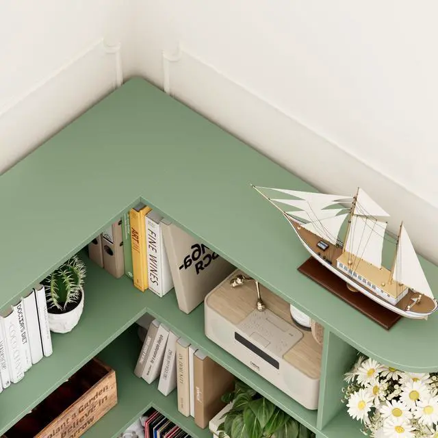 Alt view image 5 of 6 - 72 Tall Corner Bookshelf, 6-Tier Bookshelf and Bookcase with Open Storage, Tall Bookcases Wooden Storage Shelves for Home Office, Thickened Boards for Better Load Bearing, Green