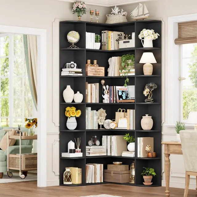 Main image of 72 Tall Corner Bookshelf, 6-Tier Bookshelf and Bookcase with Open Storage, L Shaped Tall Bookcases Wooden Storage Shelves for Home Office, Thickened Boards for Better Load Bearing, Black