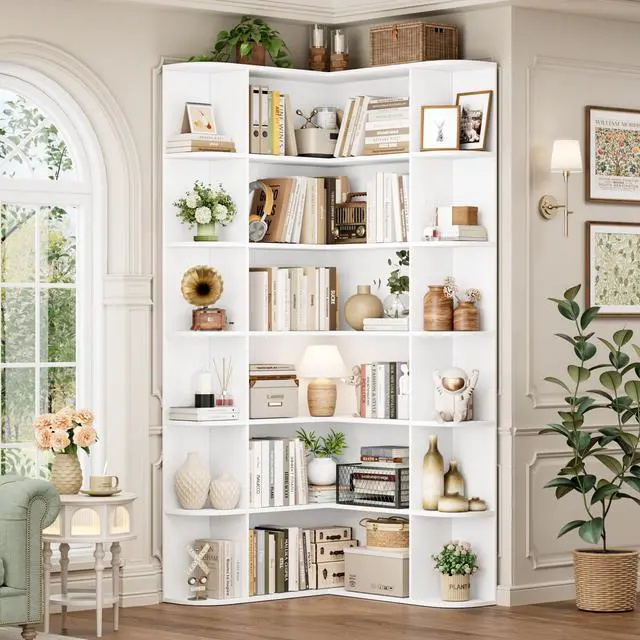 Main image of 72 Tall Corner Bookshelf, 6-Tier Bookshelf and Bookcase with Open Storage, L Shaped Tall Bookcases Wooden Storage Shelves for Home Office, Thickened Boards for Better Load Bearing, White