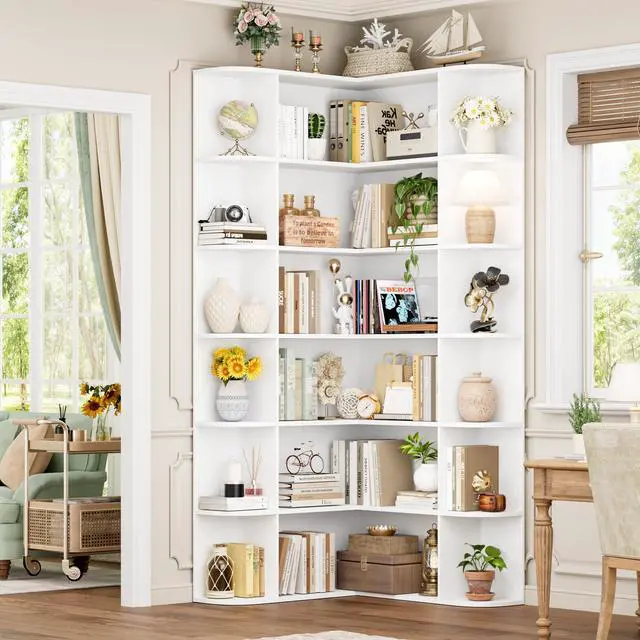 Alt view image 3 of 6 - 72 Tall Corner Bookshelf, 6-Tier Bookshelf and Bookcase with Open Storage, L Shaped Tall Bookcases Wooden Storage Shelves for Home Office, Thickened Boards for Better Load Bearing, White