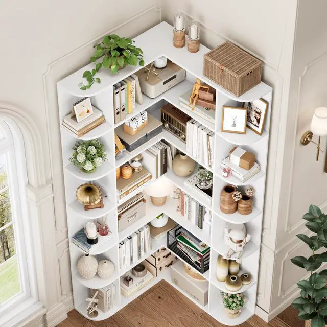 Alt view image 4 of 6 - 72 Tall Corner Bookshelf, 6-Tier Bookshelf and Bookcase with Open Storage, L Shaped Tall Bookcases Wooden Storage Shelves for Home Office, Thickened Boards for Better Load Bearing, White