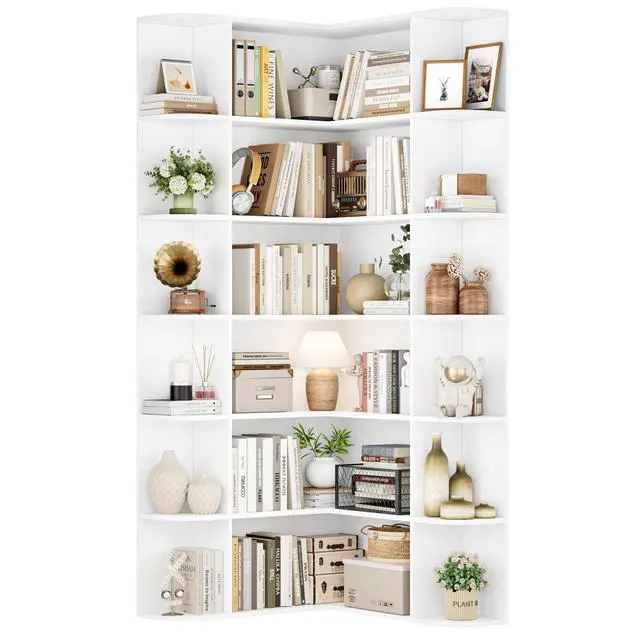 Alt view image 6 of 6 - 72 Tall Corner Bookshelf, 6-Tier Bookshelf and Bookcase with Open Storage, L Shaped Tall Bookcases Wooden Storage Shelves for Home Office, Thickened Boards for Better Load Bearing, White