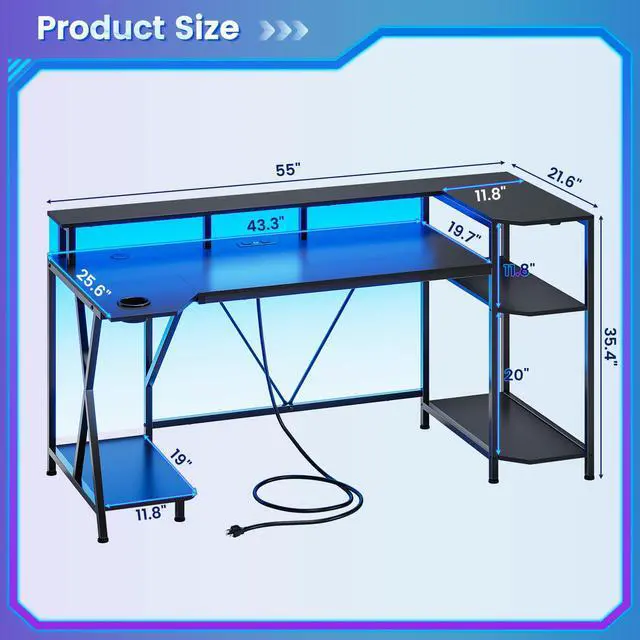 Alt view image 2 of 6 - Gaming Desk 55'' with LED Lights and Storage Shelves, Computer Desk with Monitor Stand, Power Outlets and Cup Holder, Large PC Gamer Desk, Gaming Table for Bedroom, Living Room, Black