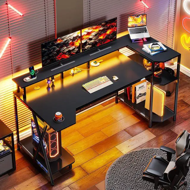 Alt view image 3 of 6 - Gaming Desk 55'' with LED Lights and Storage Shelves, Computer Desk with Monitor Stand, Power Outlets and Cup Holder, Large PC Gamer Desk, Gaming Table for Bedroom, Living Room, Black
