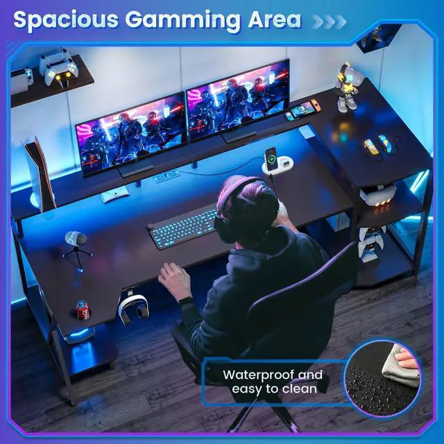 Alt view image 5 of 6 - Gaming Desk 55'' with LED Lights and Storage Shelves, Computer Desk with Monitor Stand, Power Outlets and Cup Holder, Large PC Gamer Desk, Gaming Table for Bedroom, Living Room, Black