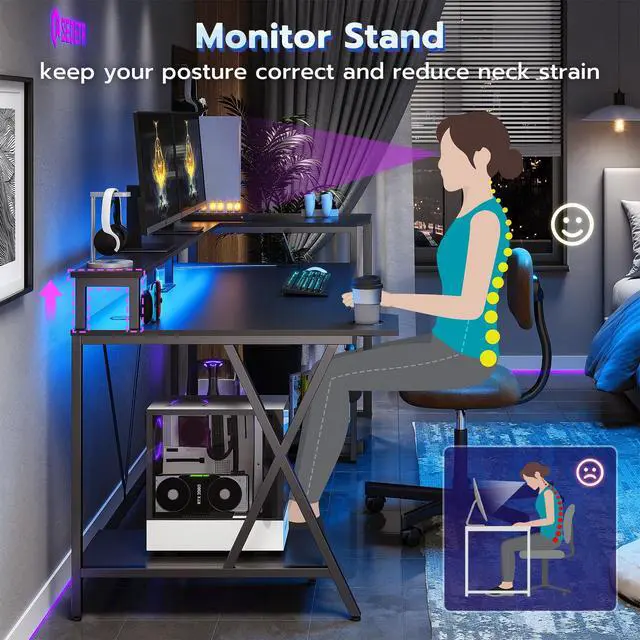 Alt view image 6 of 6 - Gaming Desk 55'' with LED Lights and Storage Shelves, Computer Desk with Monitor Stand, Power Outlets and Cup Holder, Large PC Gamer Desk, Gaming Table for Bedroom, Living Room, Black