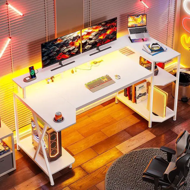 Alt view image 2 of 6 - White Gaming Desk 55'' with LED Lights and Storage Shelves, Computer Desk with Monitor Stand, Power Outlets and Cup Holder, Large PC Gamer Desk, Gaming Table for Bedroom, Living Room