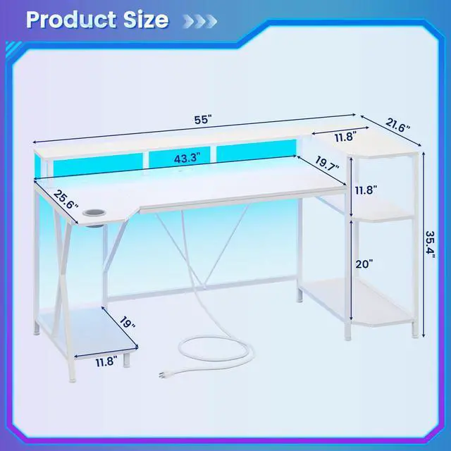 Alt view image 3 of 6 - White Gaming Desk 55'' with LED Lights and Storage Shelves, Computer Desk with Monitor Stand, Power Outlets and Cup Holder, Large PC Gamer Desk, Gaming Table for Bedroom, Living Room