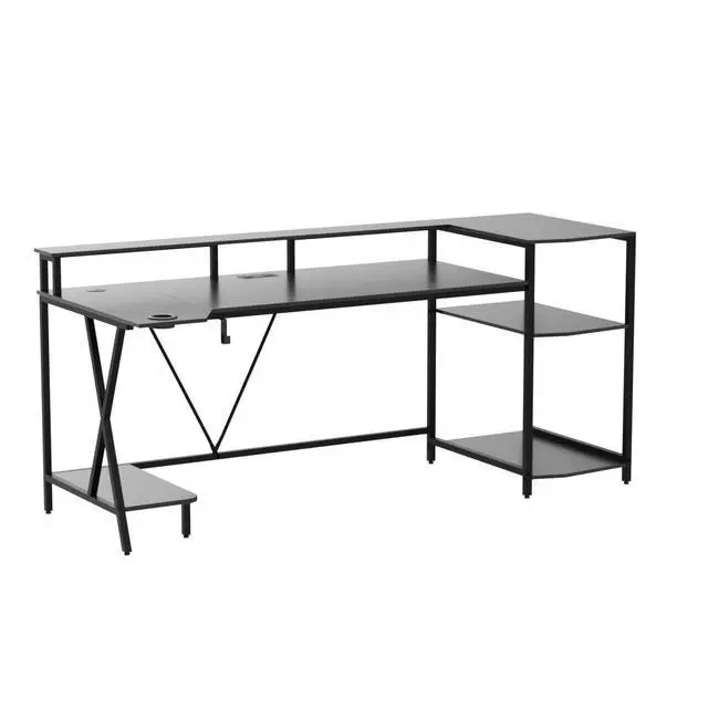 Alt view image 4 of 6 - Gaming Desk 70.8'' with LED Lights and Storage Shelves, Computer Desk with Monitor Stand, Power Outlets and Cup Holder, Large PC Gamer Desk, Gaming Table for Bedroom, Living Room, Black