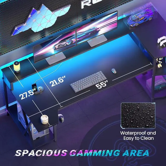Alt view image 5 of 6 - Gaming Desk 70.8'' with LED Lights and Storage Shelves, Computer Desk with Monitor Stand, Power Outlets and Cup Holder, Large PC Gamer Desk, Gaming Table for Bedroom, Living Room, Black