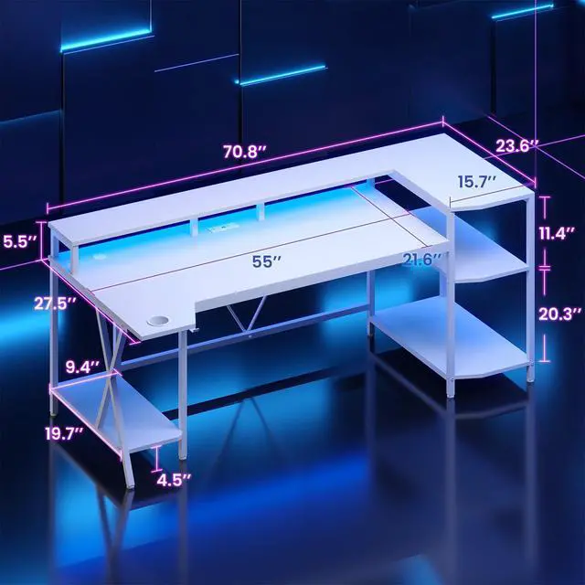 Alt view image 2 of 6 - White Gaming Desk 70.8'' with LED Lights and Storage Shelves, Computer Desk with Monitor Stand, Power Outlets and Cup Holder, Large PC Gamer Desk, Gaming Table for Bedroom, Living Room